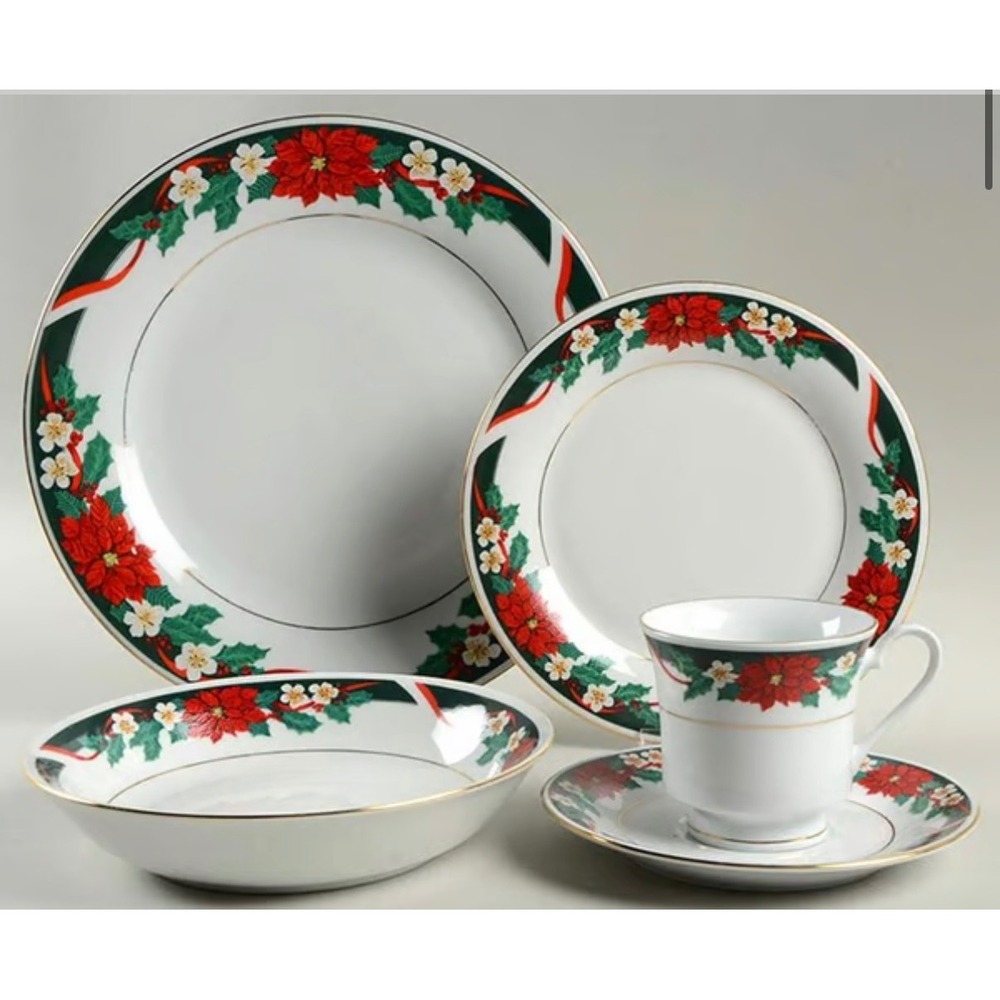 Tienshan Fine China Christmas Poinsettia Dinnerware Set Holiday Gold Rim 16pc